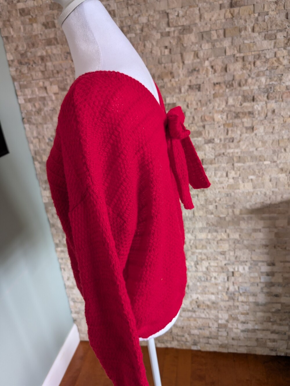 Bow Back Red Knit Sweater Long Sleeve Holiday Festive Valentine Romantic Sz L image 2
